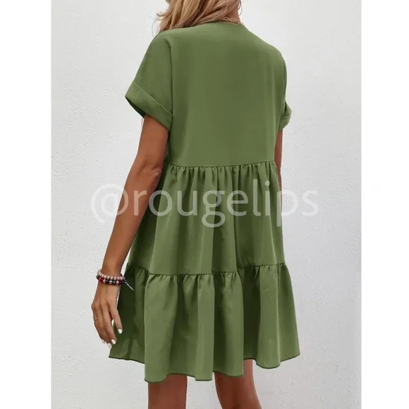 Army Green Short Sleeve Loose Fitting Mini Dress V-Neck Ruffle Flared Hem - Picture 5 of 7